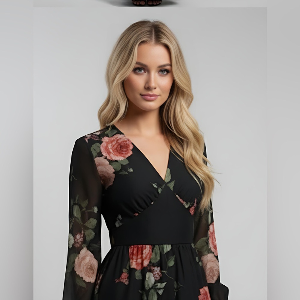 French Floral Rose Print Dress - Picture 6 of 12